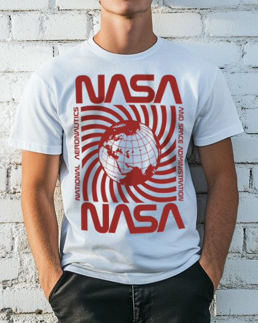 White "NASA" T-shirt with red spinning planet graphic in the center