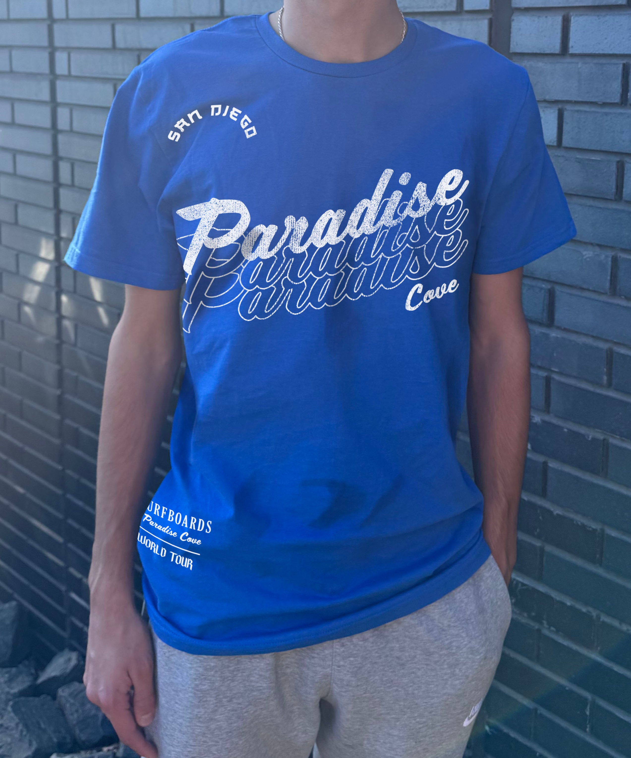 Boys shirt in blue that says "Paradise Cove" in white lettering