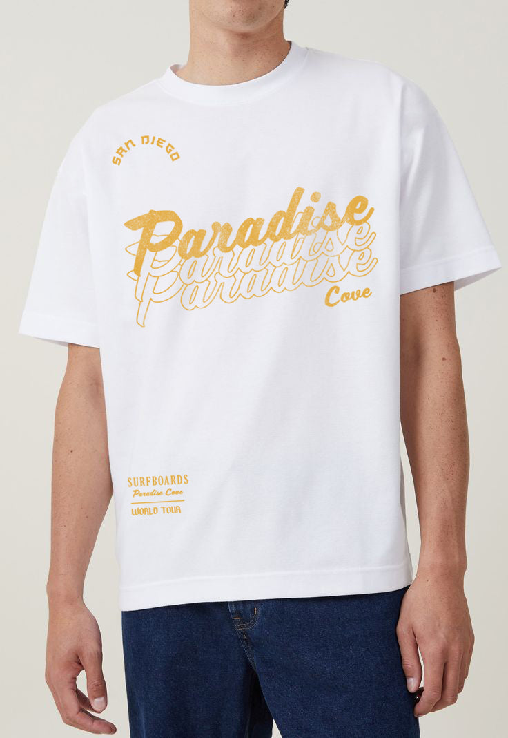 Paradise tshirt for boys in white with yellow lettering 