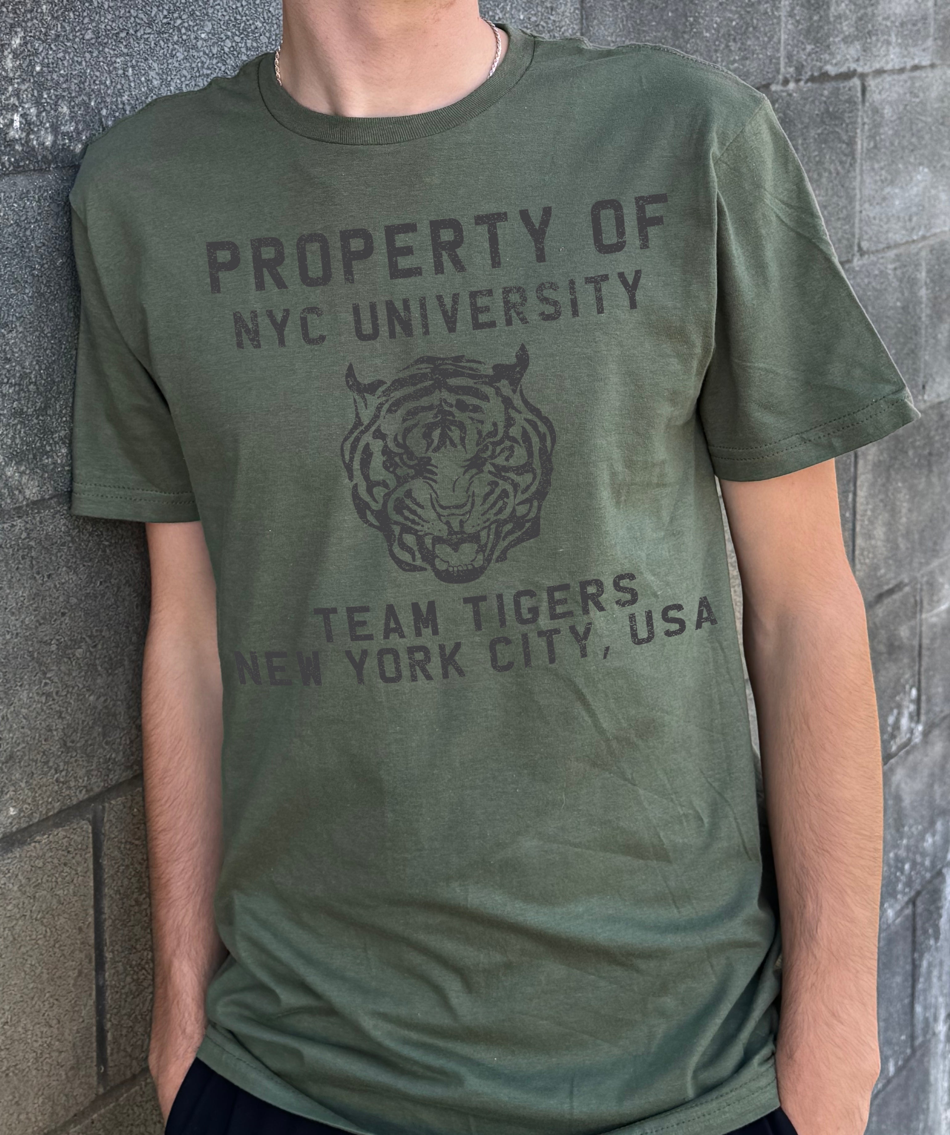 dark green t-shirt for boys that says "Property of NYC University" and a picture of a tiger on it