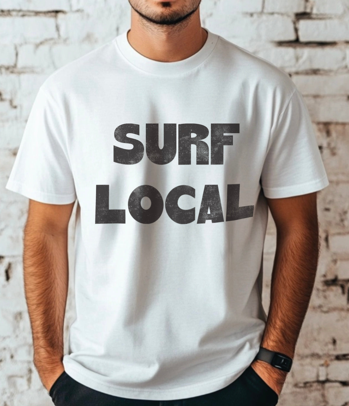 white shirt with black text that says "Surf Local" for boys