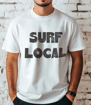 white shirt with black text that says "Surf Local" for boys