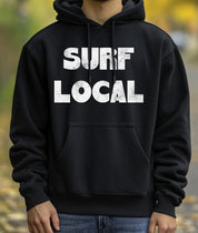 Black hoodie with "Surf Local" text in white for men