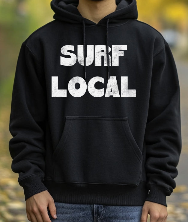 Black hoodie with "Surf Local" text in white for men
