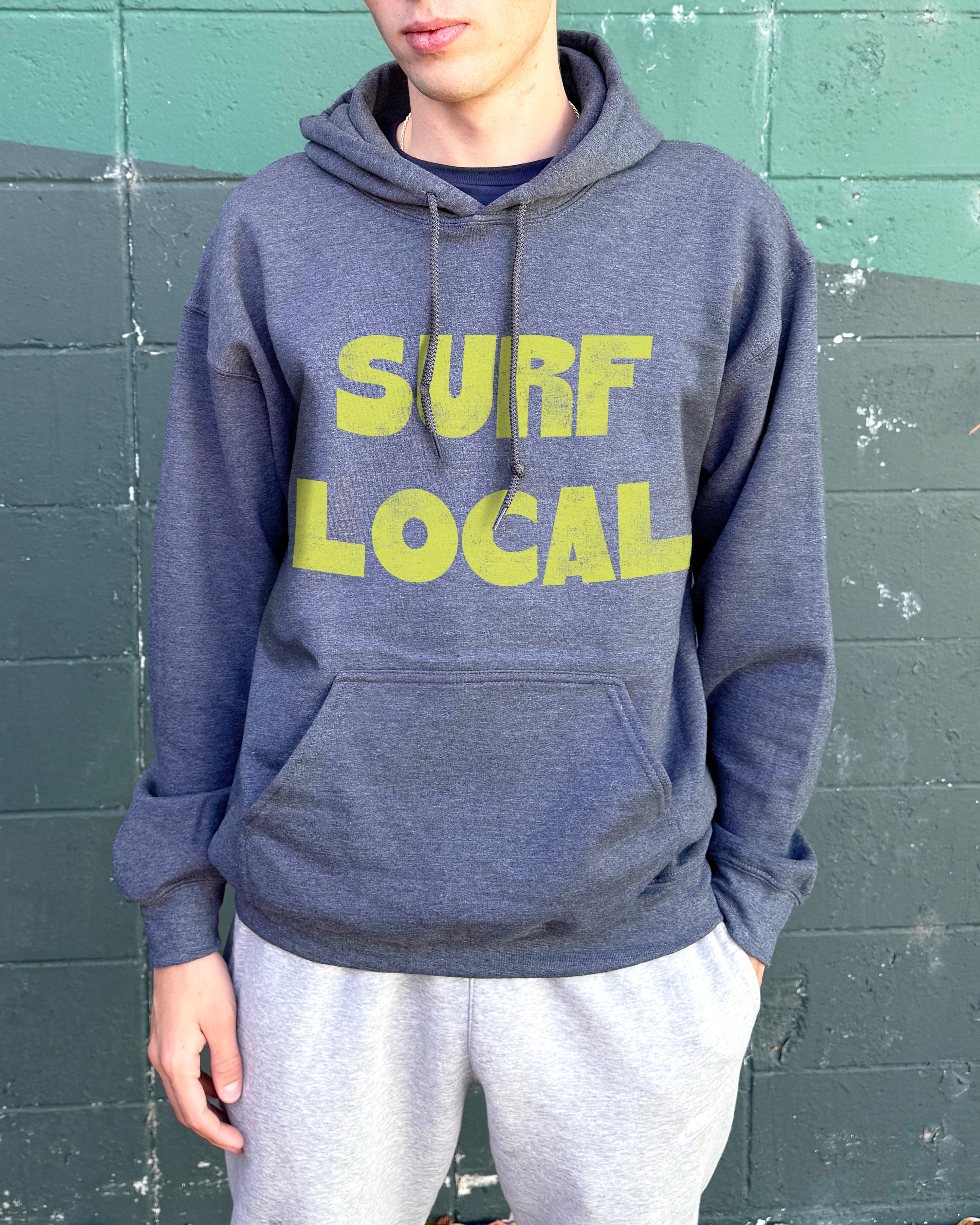 Grey hoodie for boys that says "Surf Local"
