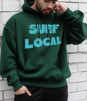 Green hoodie with "Surf Local" text in aqua for men