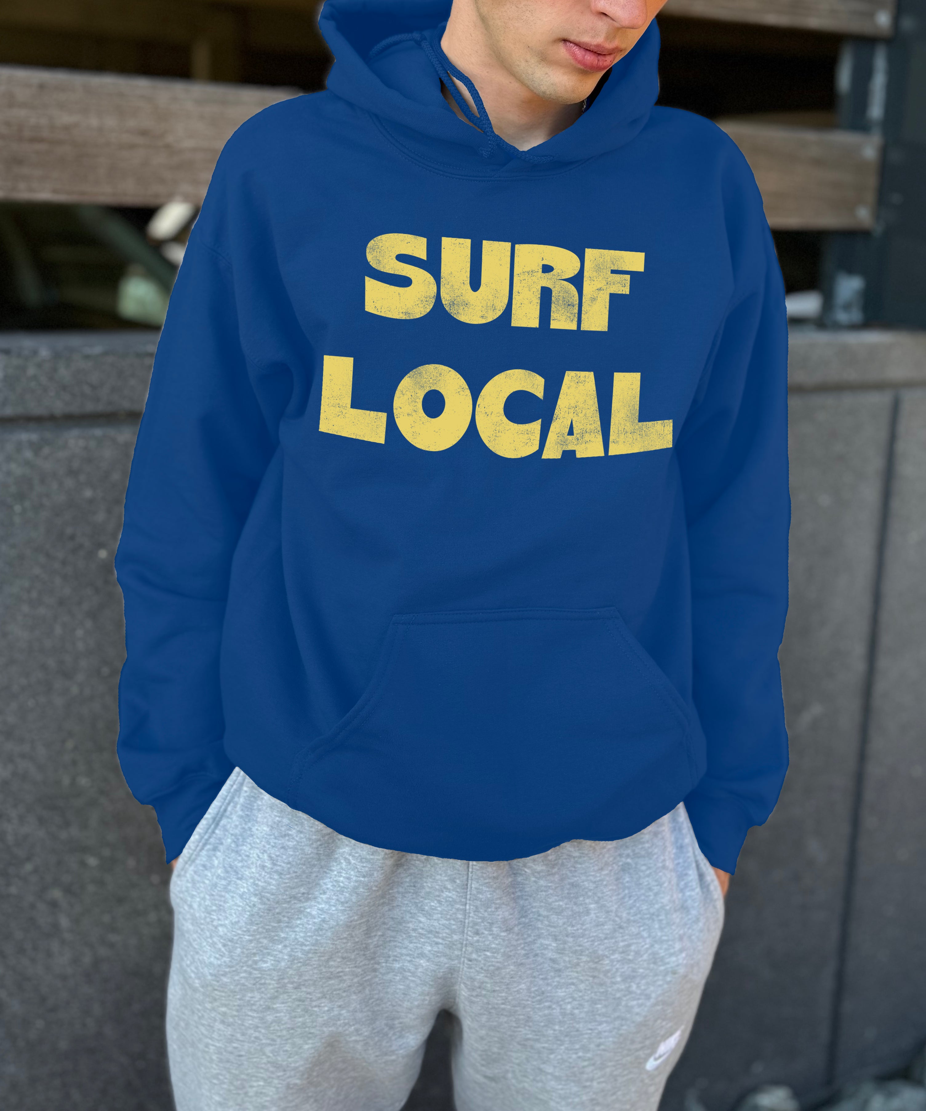 Royal bluehoodie with "Surf Local" text in yellow for men