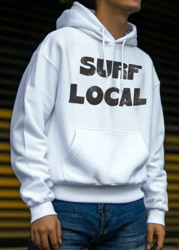 White hoodie with "Surf Local" text in black for men