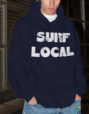 Dark blue hoodie with "Surf Local" text in white for men