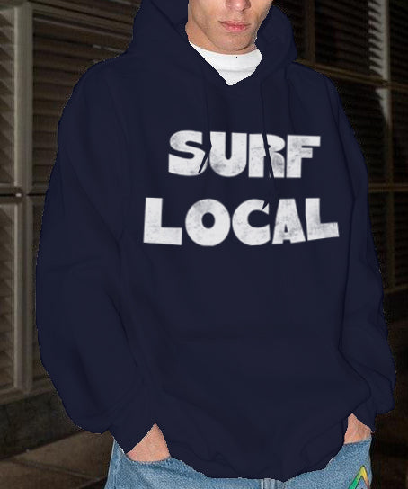 Dark blue hoodie with "Surf Local" text in white for men