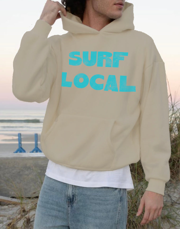 Sand colored hoodie with "Surf Local" text in aqua for men