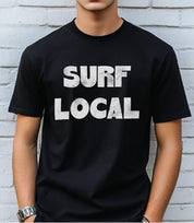 black shirt with white text that says "Surf Local" for boys