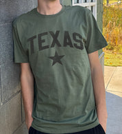 Dark Green men's t-shirt with "Texas" in gray font