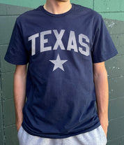 Navy T-shirt for men with a Texas lone star logo and "Texas" print in white