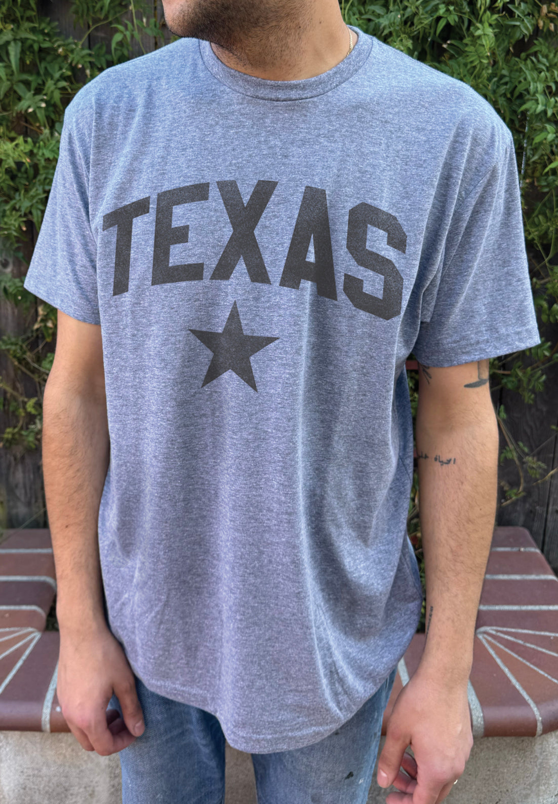 Grey men's t-shirt with "Whiskey" in brown font