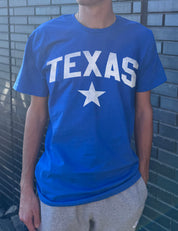 Blue men's t-shirt with "Texas" in Whie font