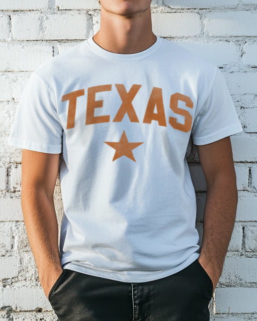White men's t-shirt with "Whiskey" in orange font