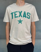 Sand T-shirt for men with a Texas lone star logo and "Texas" print in aqua