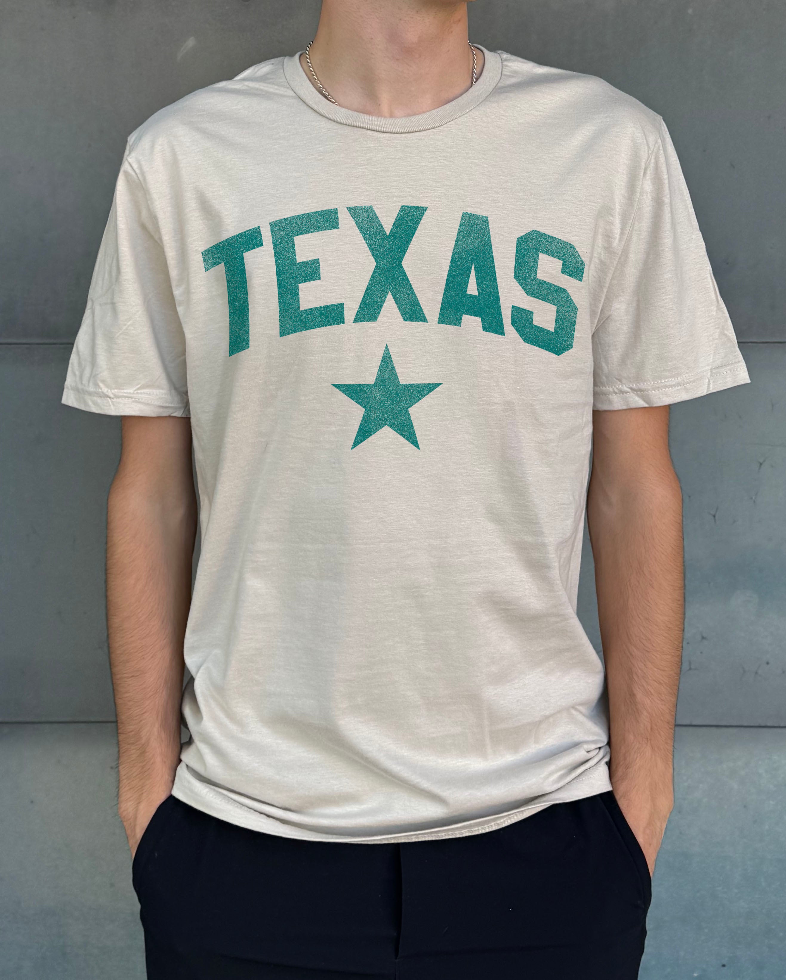 Sand T-shirt for men with a Texas lone star logo and "Texas" print in aqua