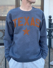 Pull over sweatshirt in gray with orange text that says "Texas"
