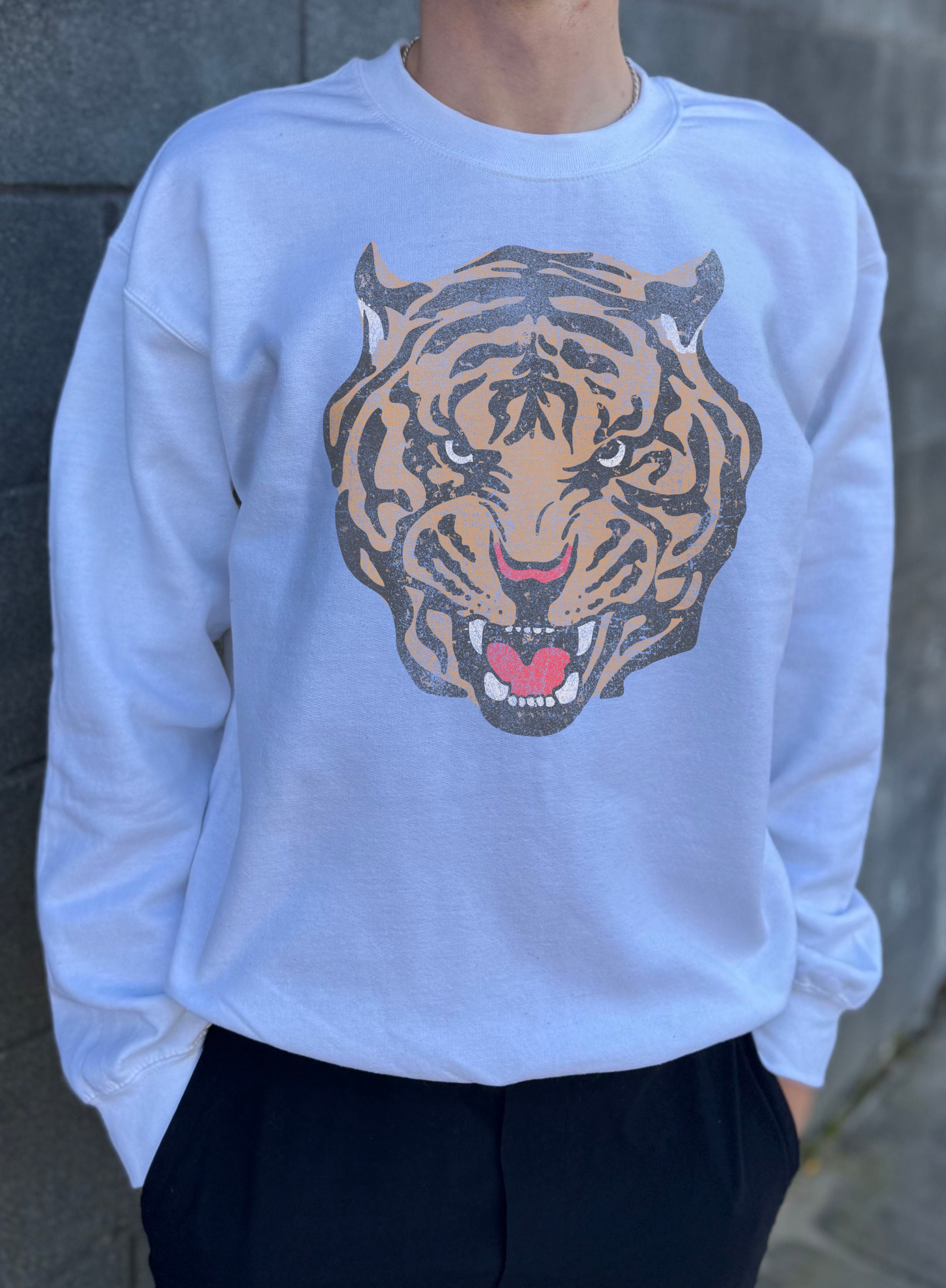 White pullover with tiger head tattoo image