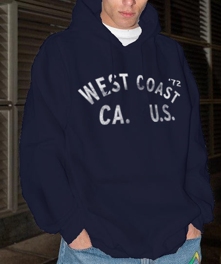 Navy West Coast hoodie with faded white text for men