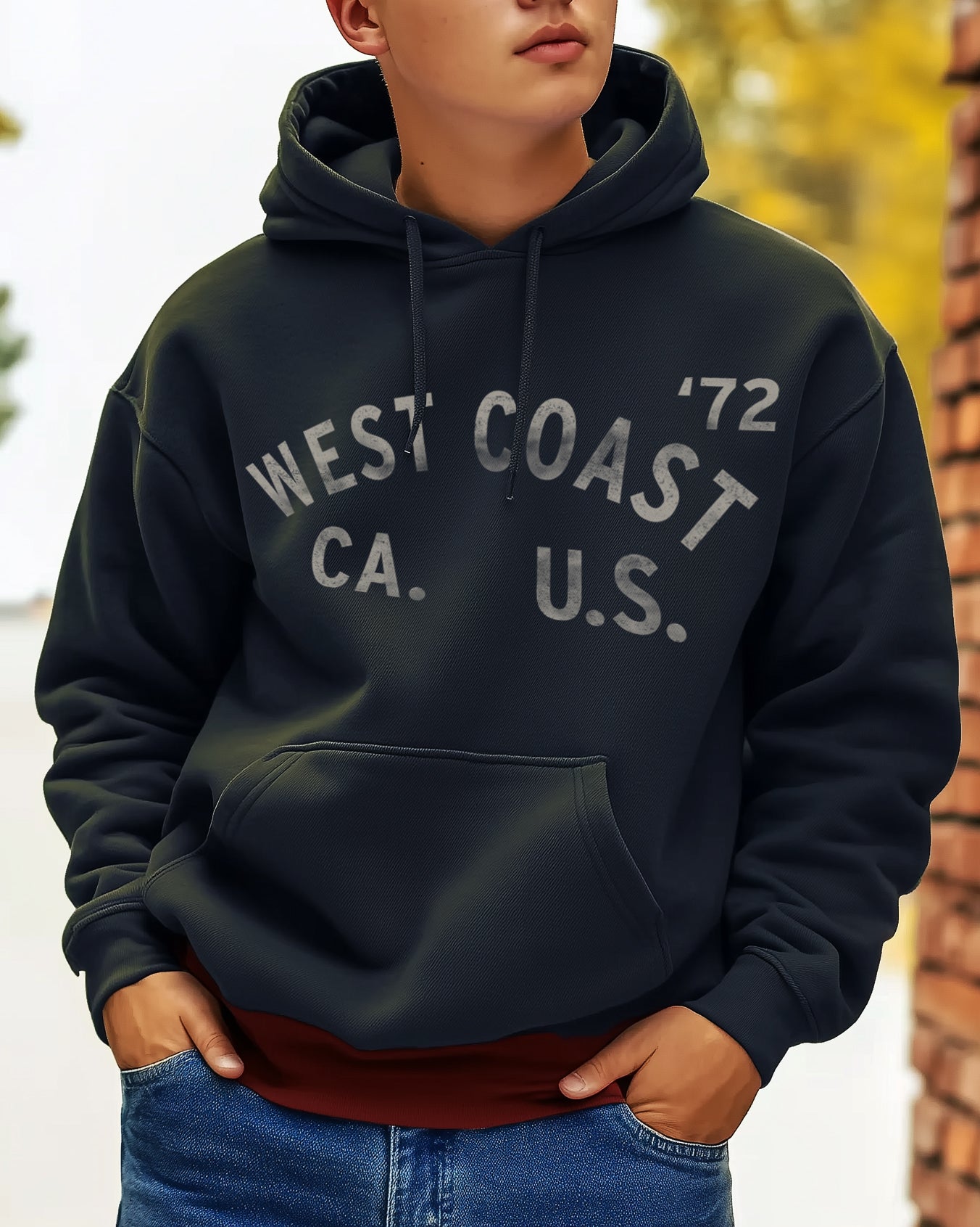grey West Coast hoodie with faded white text for men