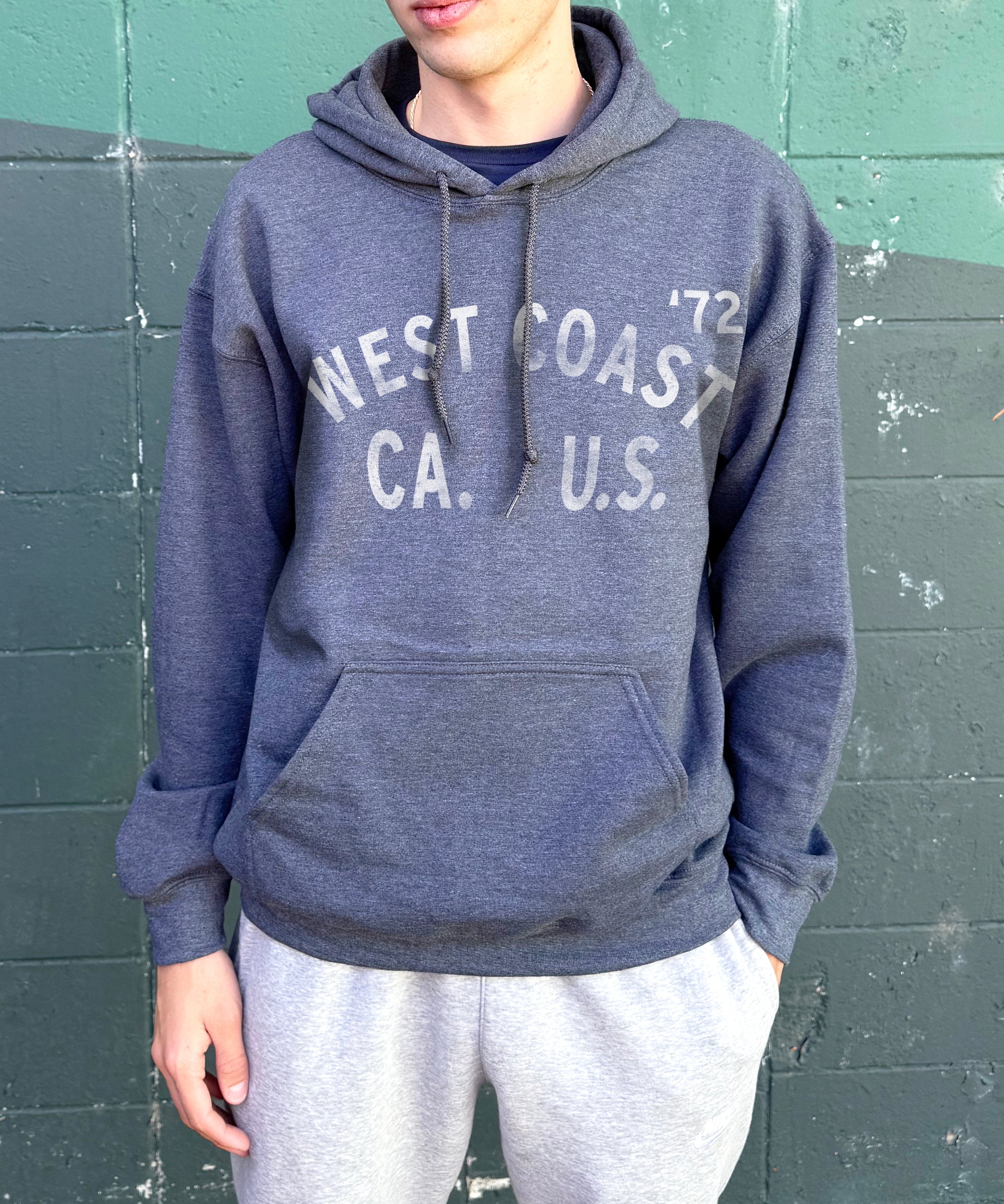 Heather West Coast hoodie with faded white text for men