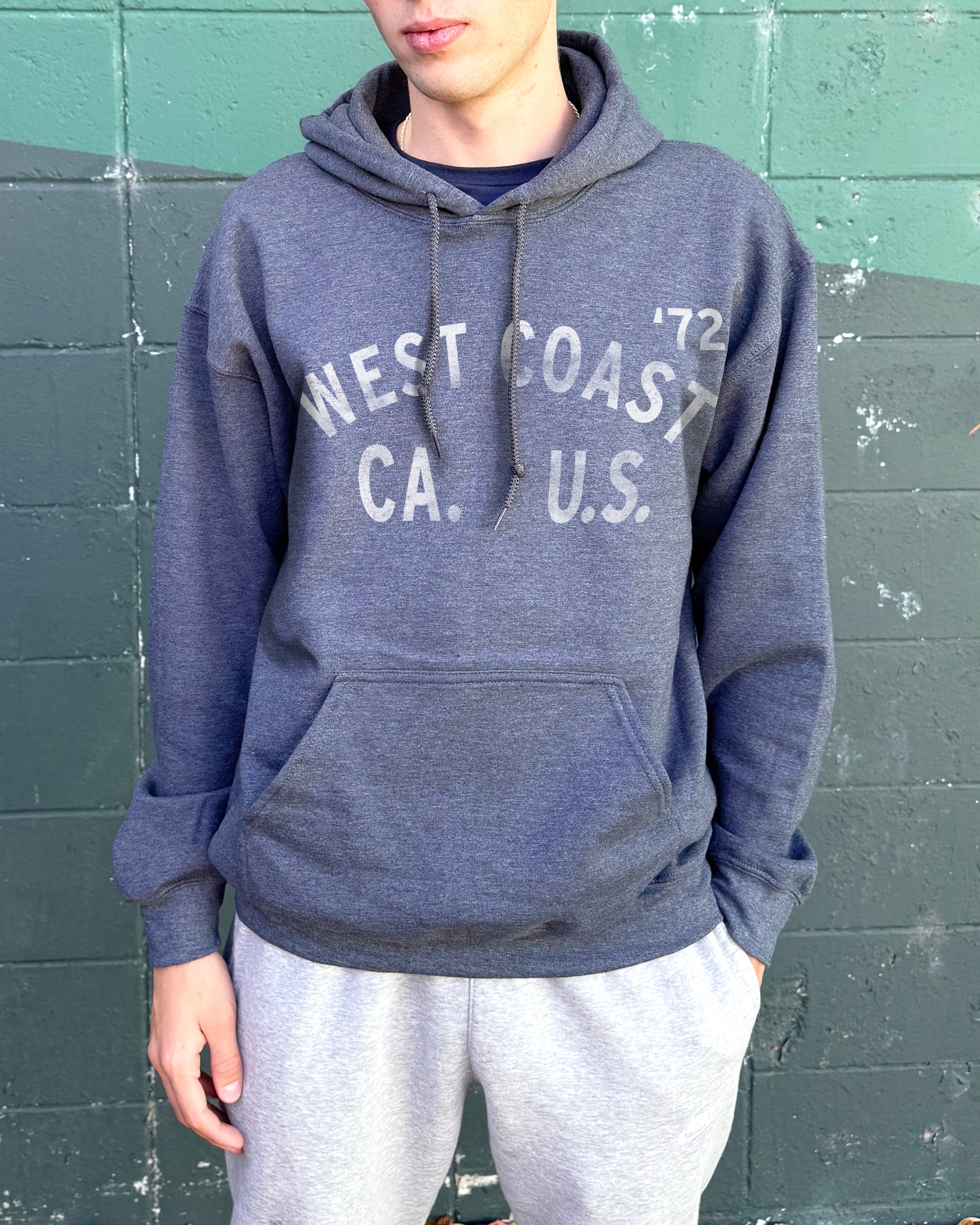 Heather West Coast hoodie with faded white text for men