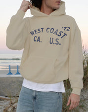 Sand West Coast hoodie with faded blue text for men