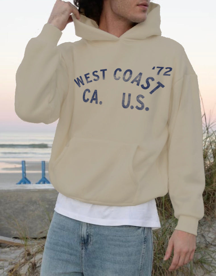 Sand West Coast hoodie with faded blue text for men