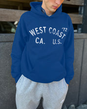 Blue West Coast hoodie with faded white text for men