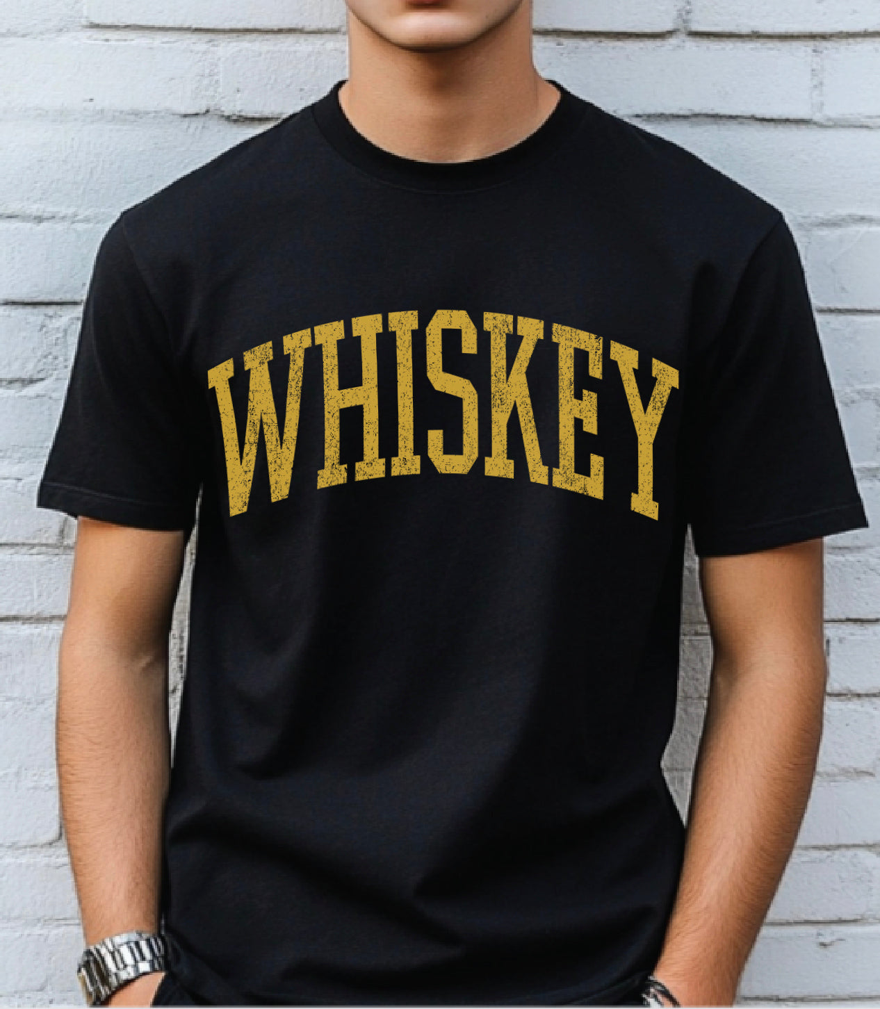 Black men's t-shirt with "Whiskey" in yellow font