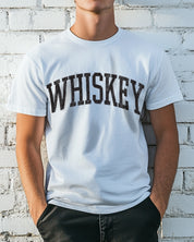 White men's t-shirt with "Whiskey" in black font