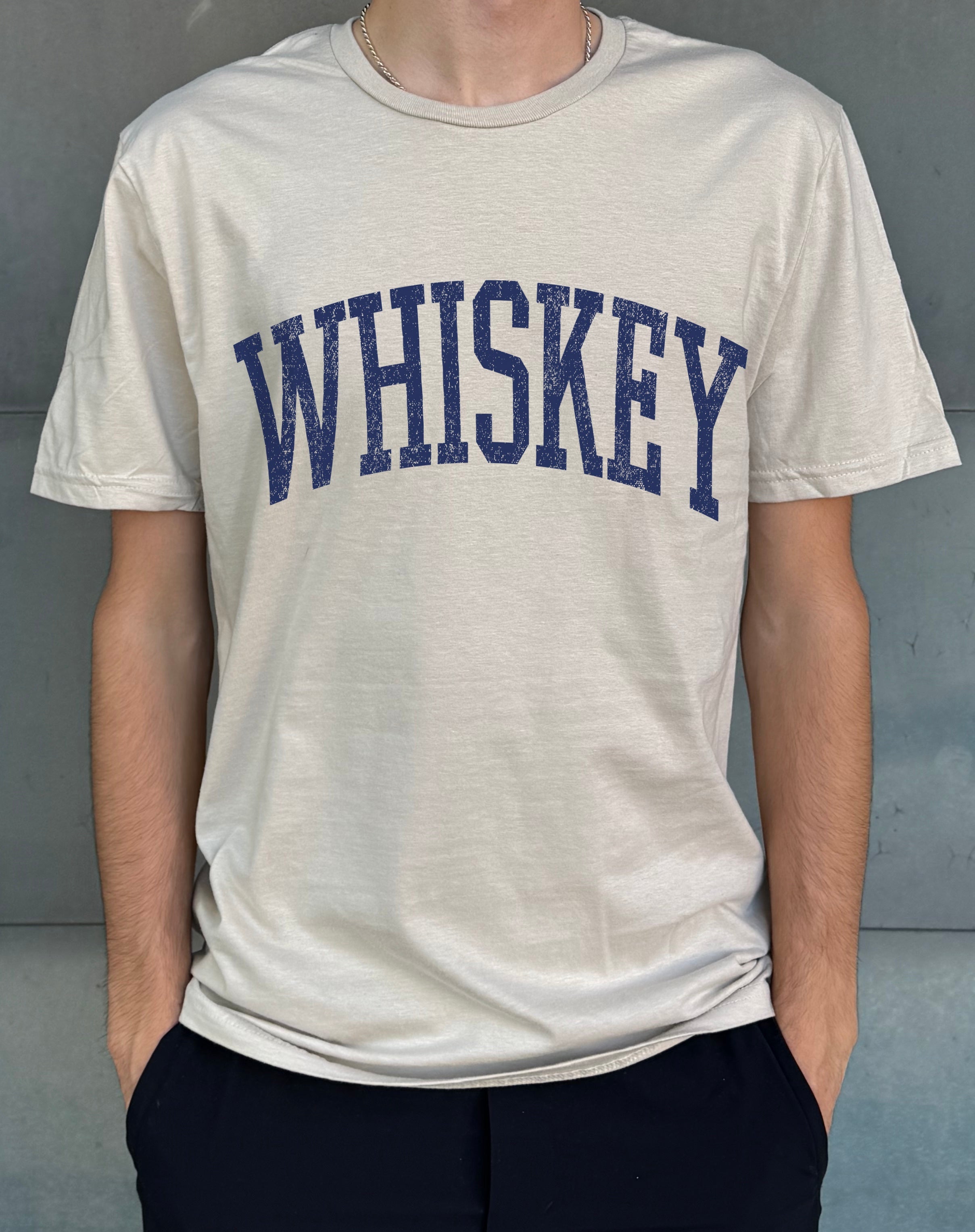 Sand men's t-shirt with "Whiskey" in blue font