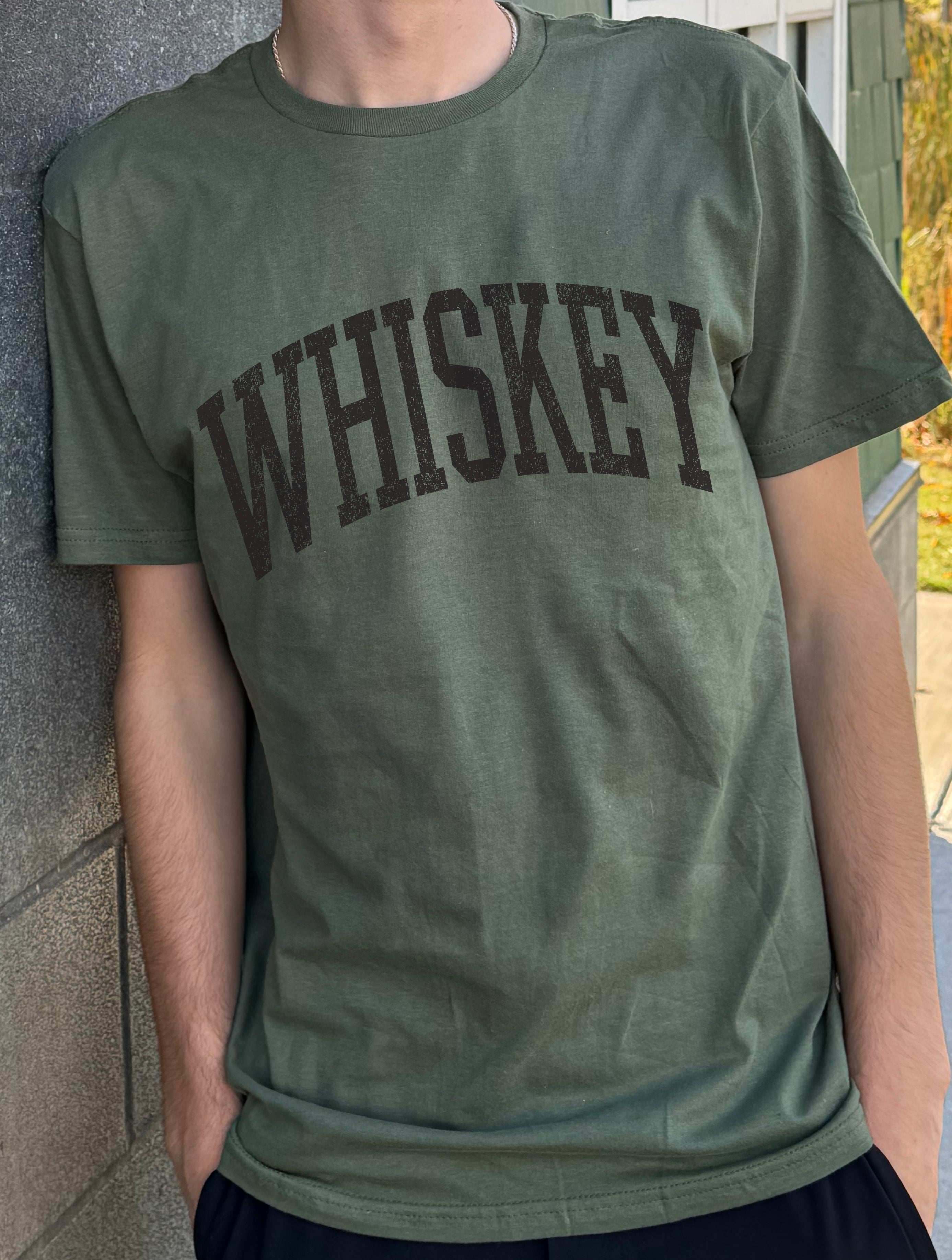 Dark green men's t-shirt with "Whiskey" in black font